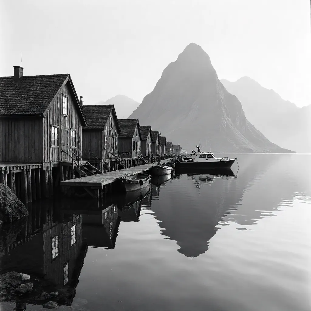 Monochrome Nordic Harbor with Rustic Houses and Peaks