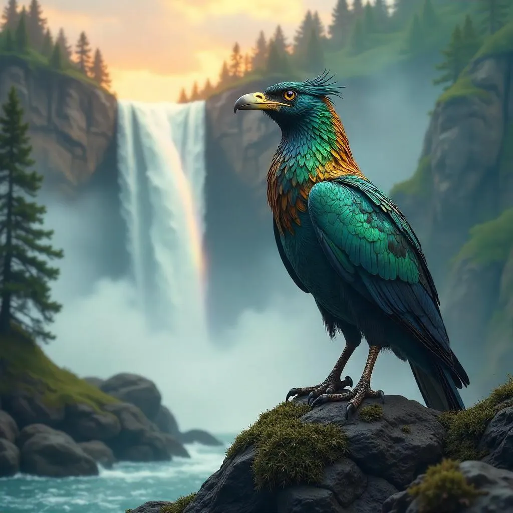 Thunderbird 3D Render by a Misty Waterfall