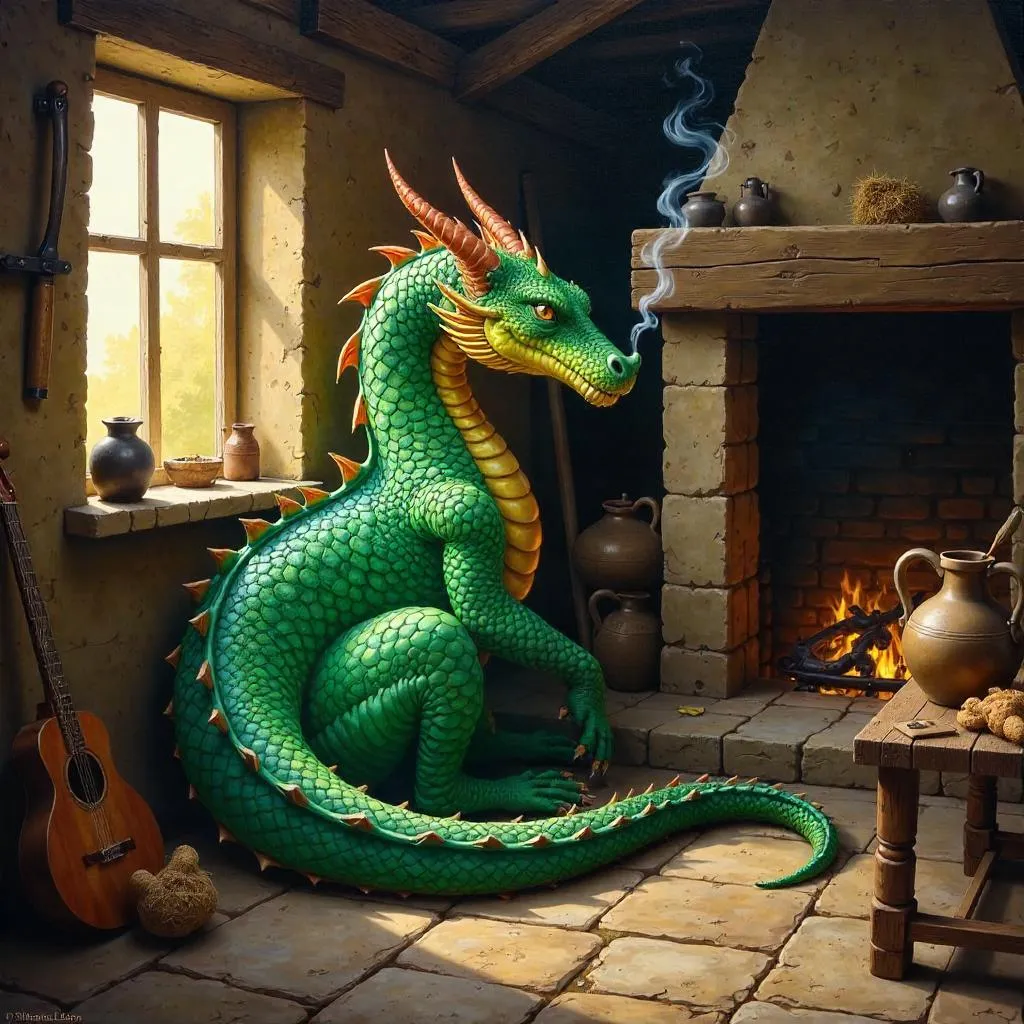 Dragon in a Rustic Farmhouse, Oil Painting