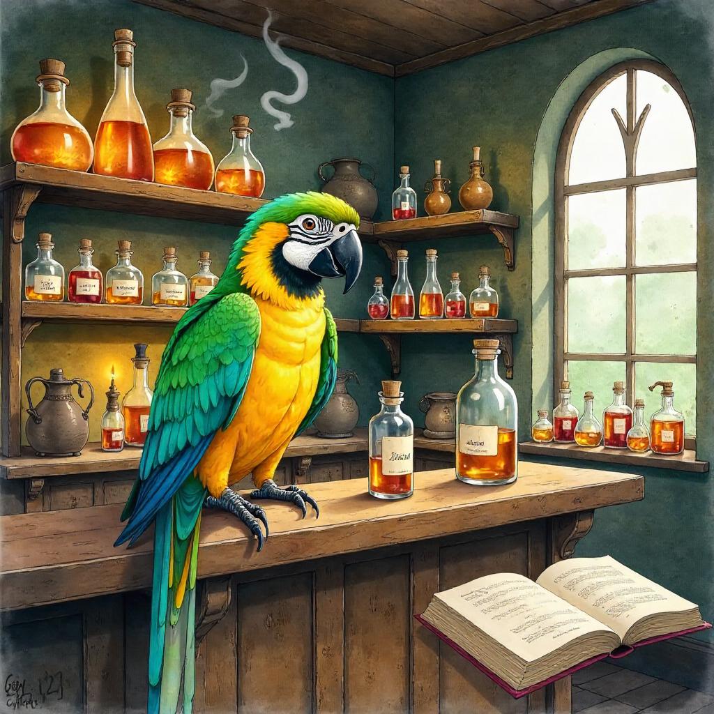 Watercolor Parrot in a Potion Shop