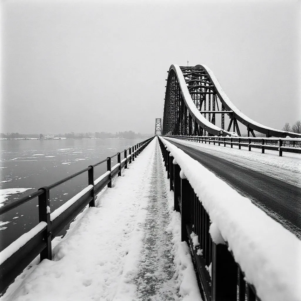 Monochrome Winter Scene: Tromsø Bridge Over Ice and Snow
