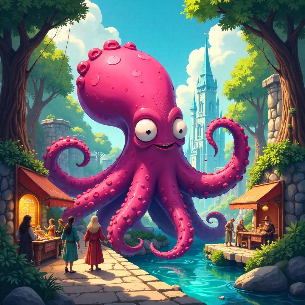 Whimsical Cartoon Kraken in an Elven City