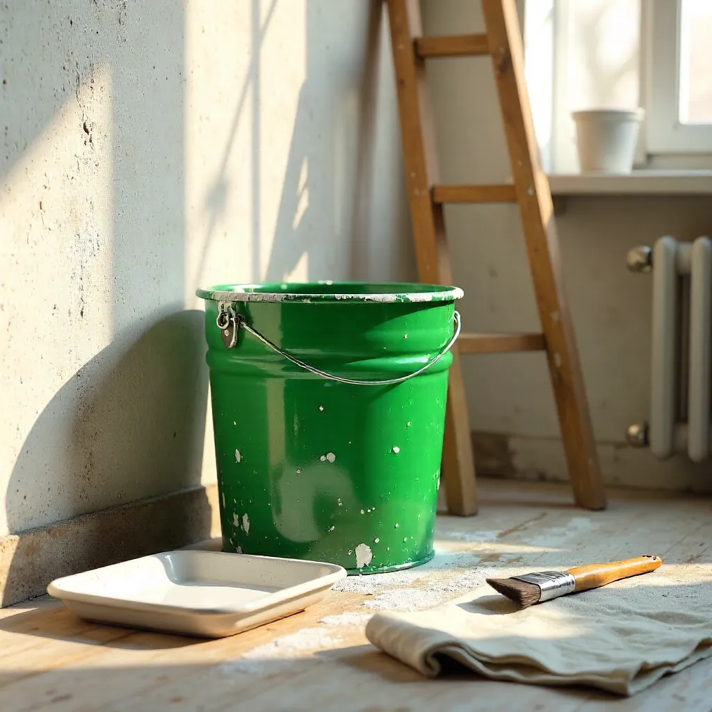 Green Metal Bucket in White Paint During DIY Wall Repair