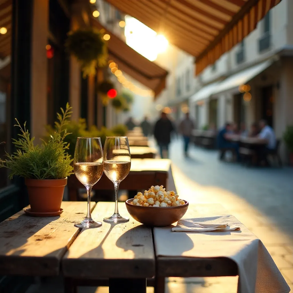 Charming Outdoor Café with Wine and Popcorn