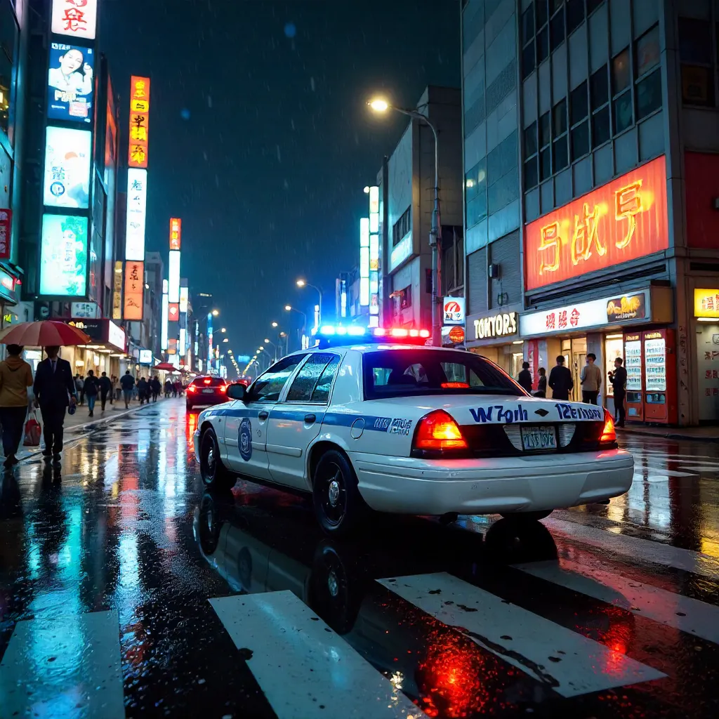 Neon Night Patrol: Tokyo Police Car in Motion