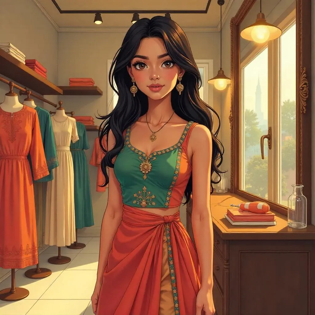 Young Indian Woman in a Boutique - Anime Style