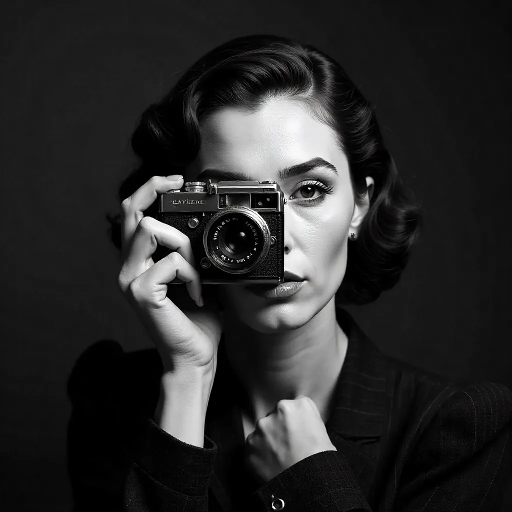 Monochrome Portrait: Woman with Vintage Camera