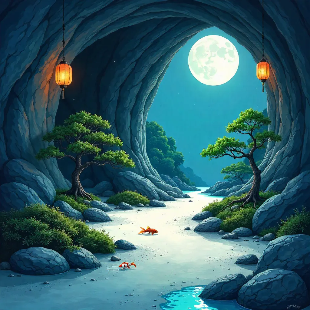 Anime Cave Zen Garden in Soft Moonlight