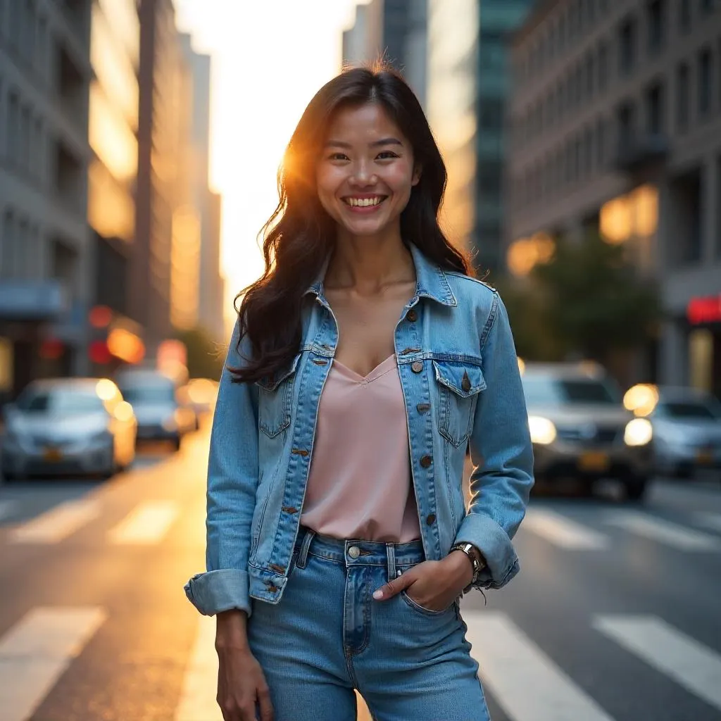 Cheerful Asian Woman in a Lively City