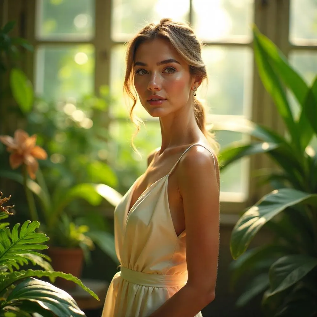 Elegant Woman in a Luminous Greenhouse