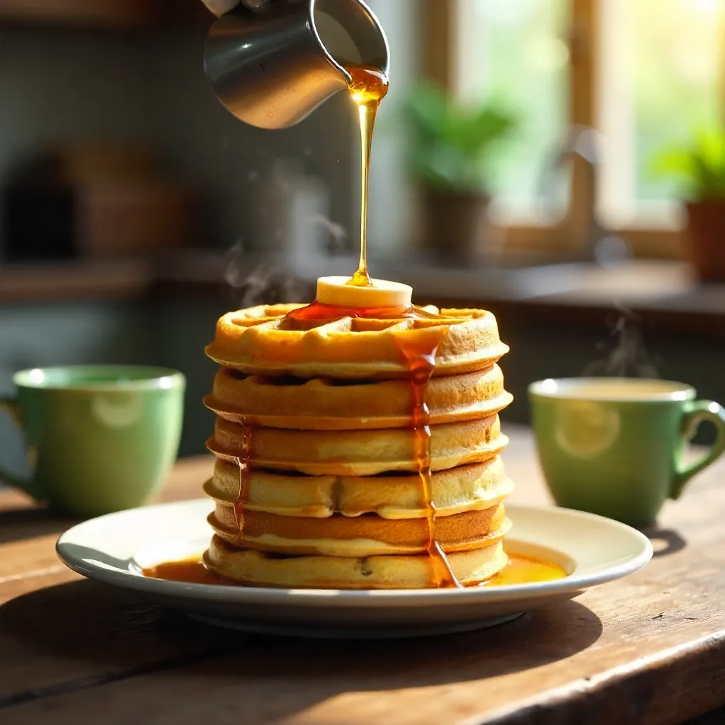 Cozy Indoor Breakfast: Stacked Waffles with Syrup and Green Cups