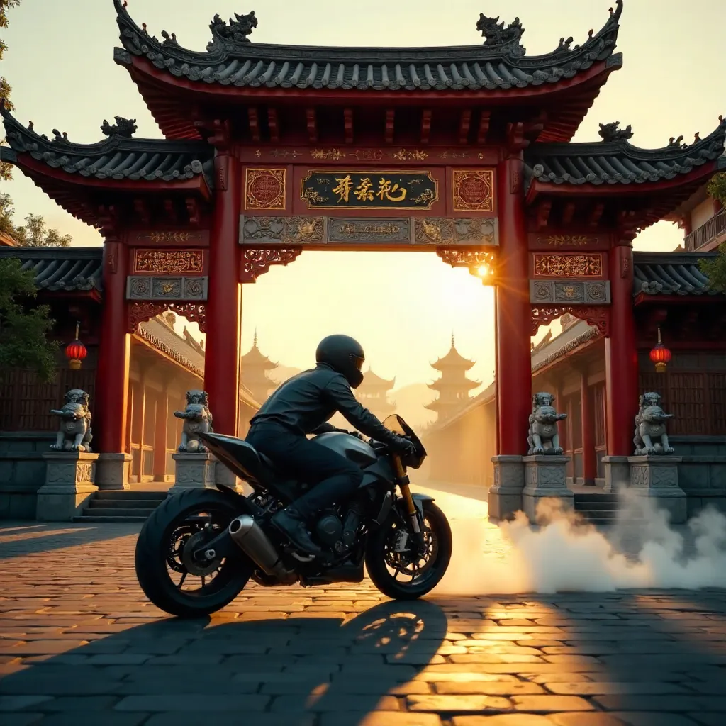 Motorcyclist by an Intricate Asian Temple Gate