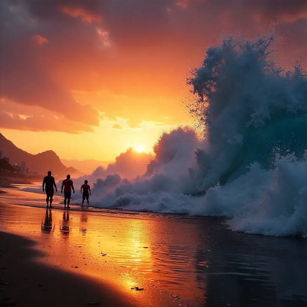 Sunset Silhouettes on Rio Beach Watching Massive Waves