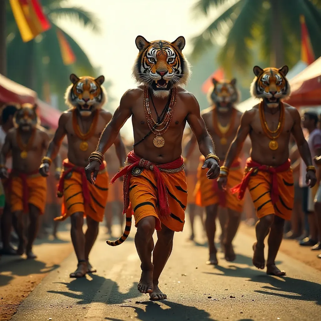 Pulikkali Tigers in Colorful Masks at Onam Festival