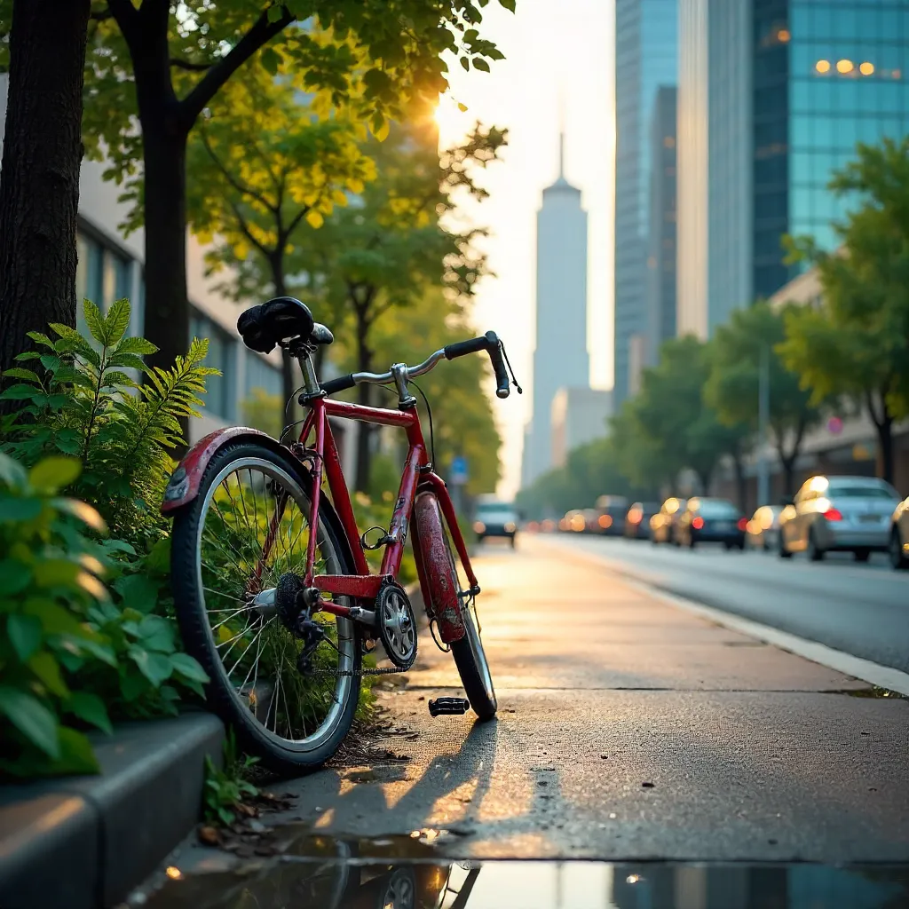 Solitary Bicycle Amid Urban Greenery and Skyscrapers