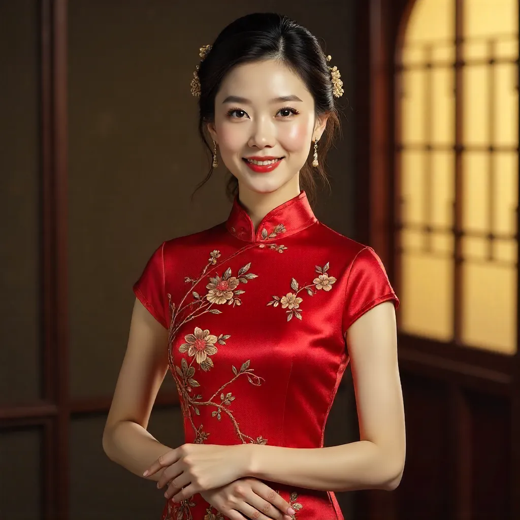 Elegant Portrait of an Asian Woman in a Red Cheongsam
