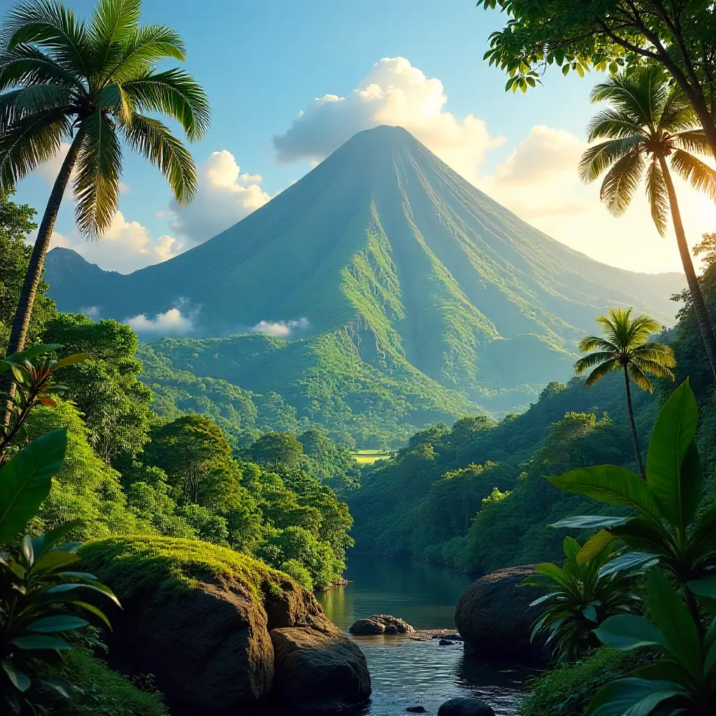 Majestic Volcano Over a Lush Tropical Landscape
