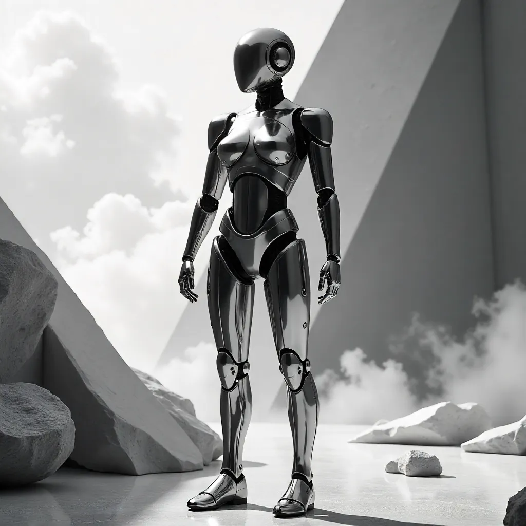 Chromed Humanoid Robot in Abstract Monochrome