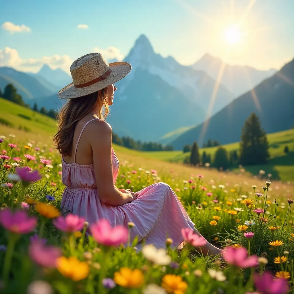 Woman in Flower Field Overlooking Mountain Vista