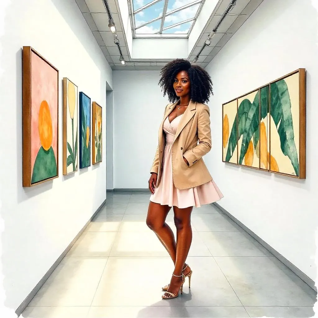 Confident Black Woman in a Watercolor Gallery