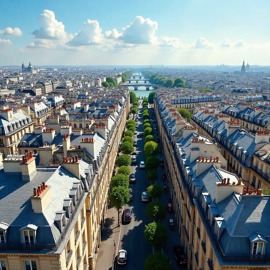 Aerial Paris Rooftops and Bustling Skyline