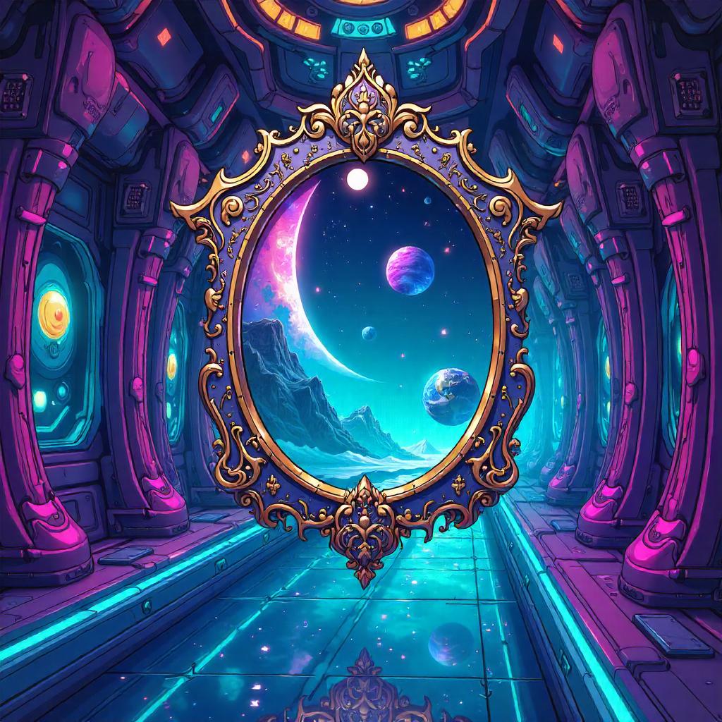 Magic Mirror in a Neon Alien Ship (Cartoon Scene)