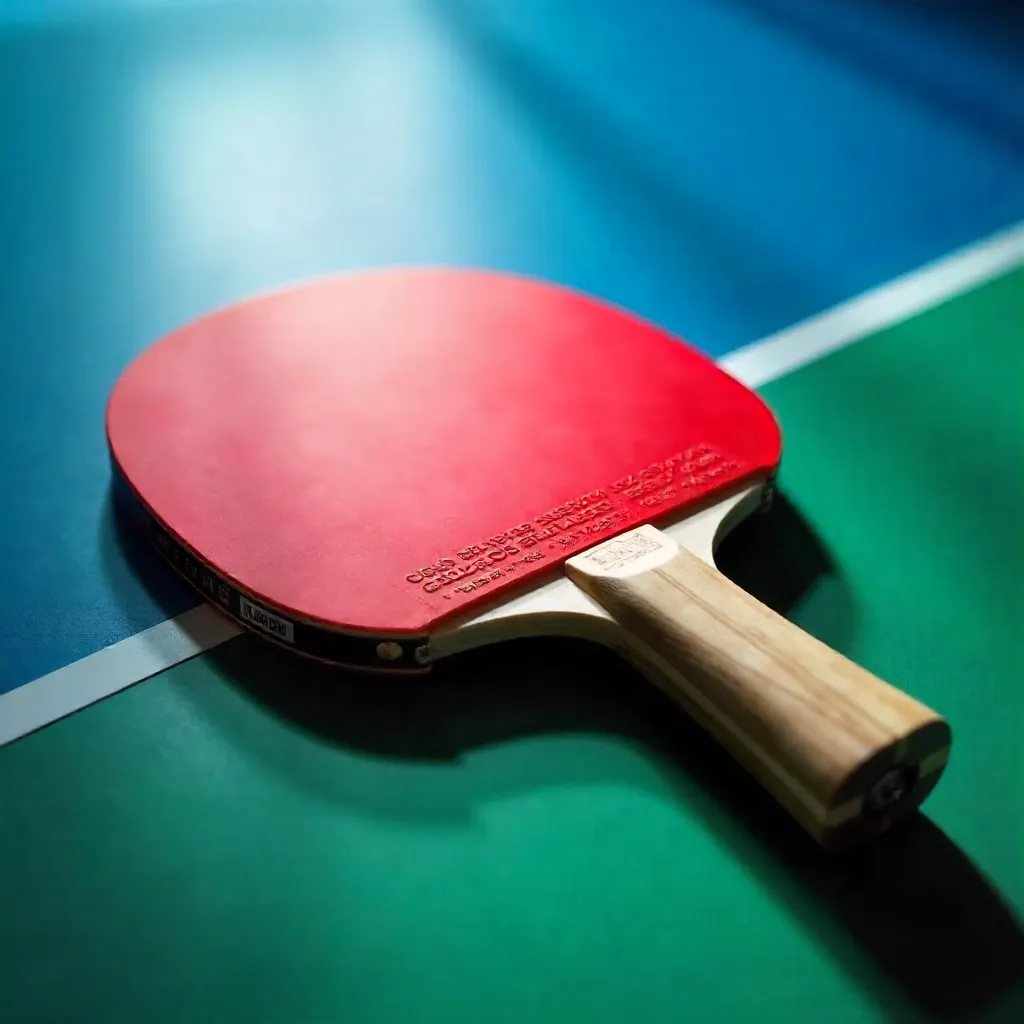 Vivid Red Paddle on Split Green-Blue Ping-Pong Table