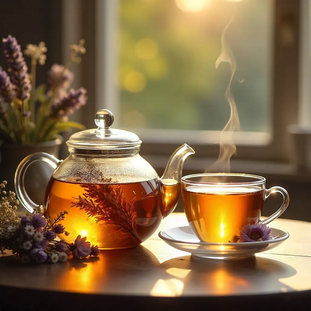 Amber Glow Glass Teapot, Tea, and Dried Florals
