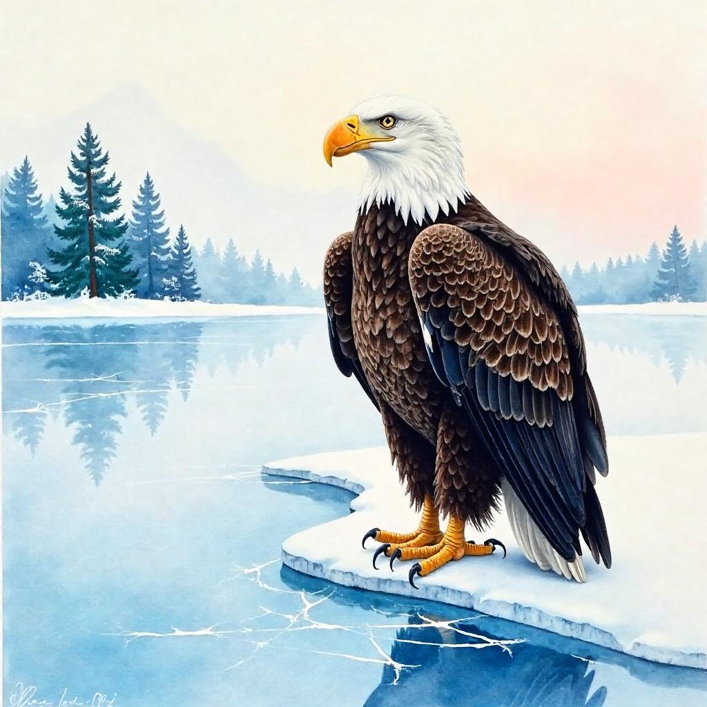 Majestic Bald Eagle on a Frozen Lake in Watercolor