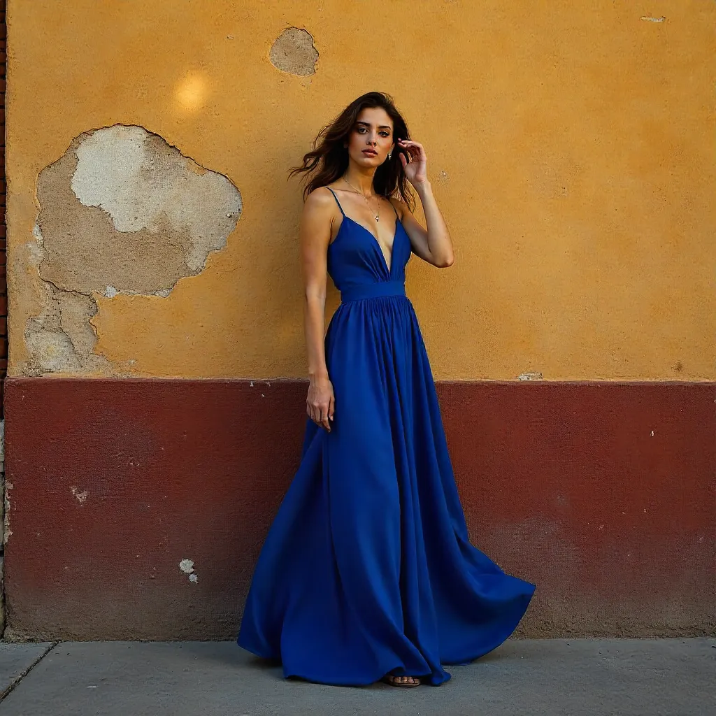 Elegant Blue Dress Against León's Rustic Wall