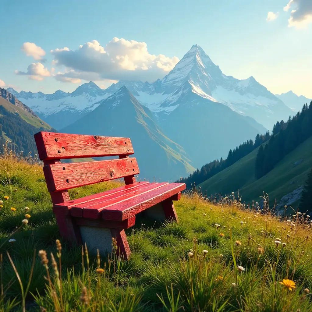 Lonely Red Bench Over Tyrolean Alpine Panorama