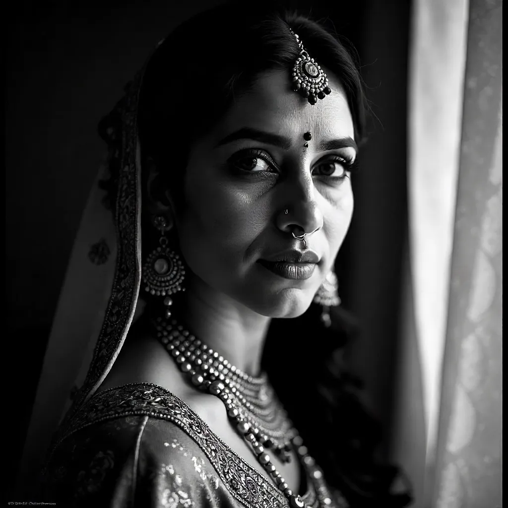 Expressive Black and White Portrait in Traditional Sari