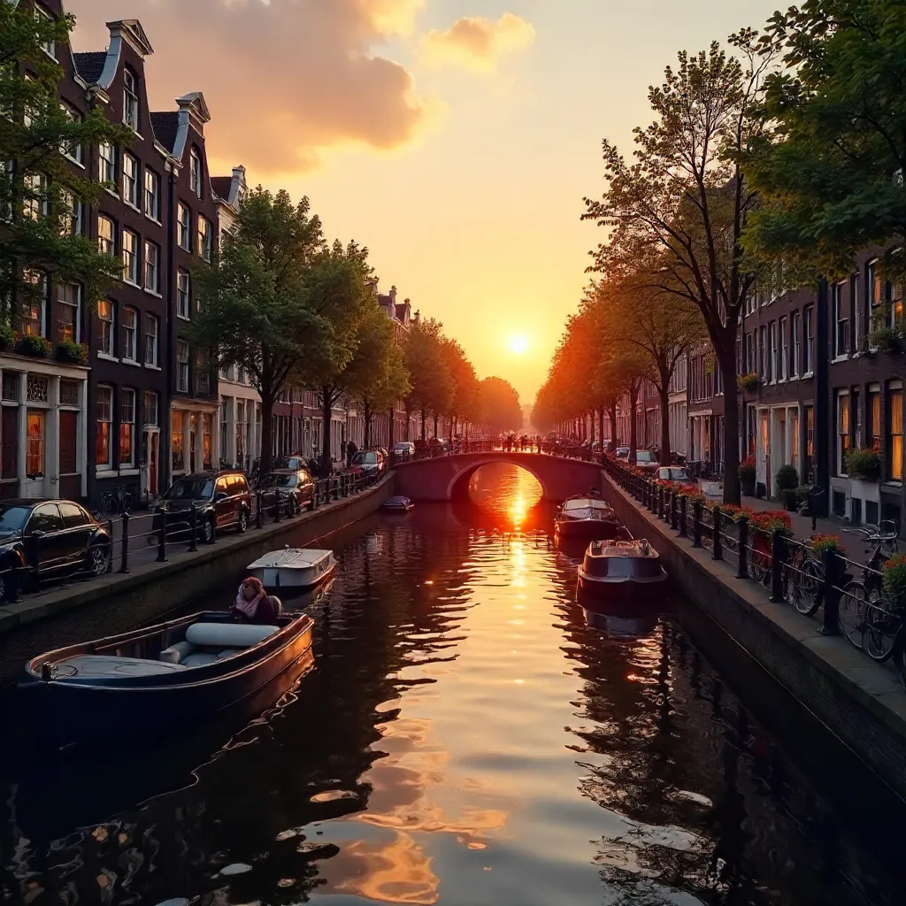 Sunset Canal in Amsterdam: Classic Gabled Houses