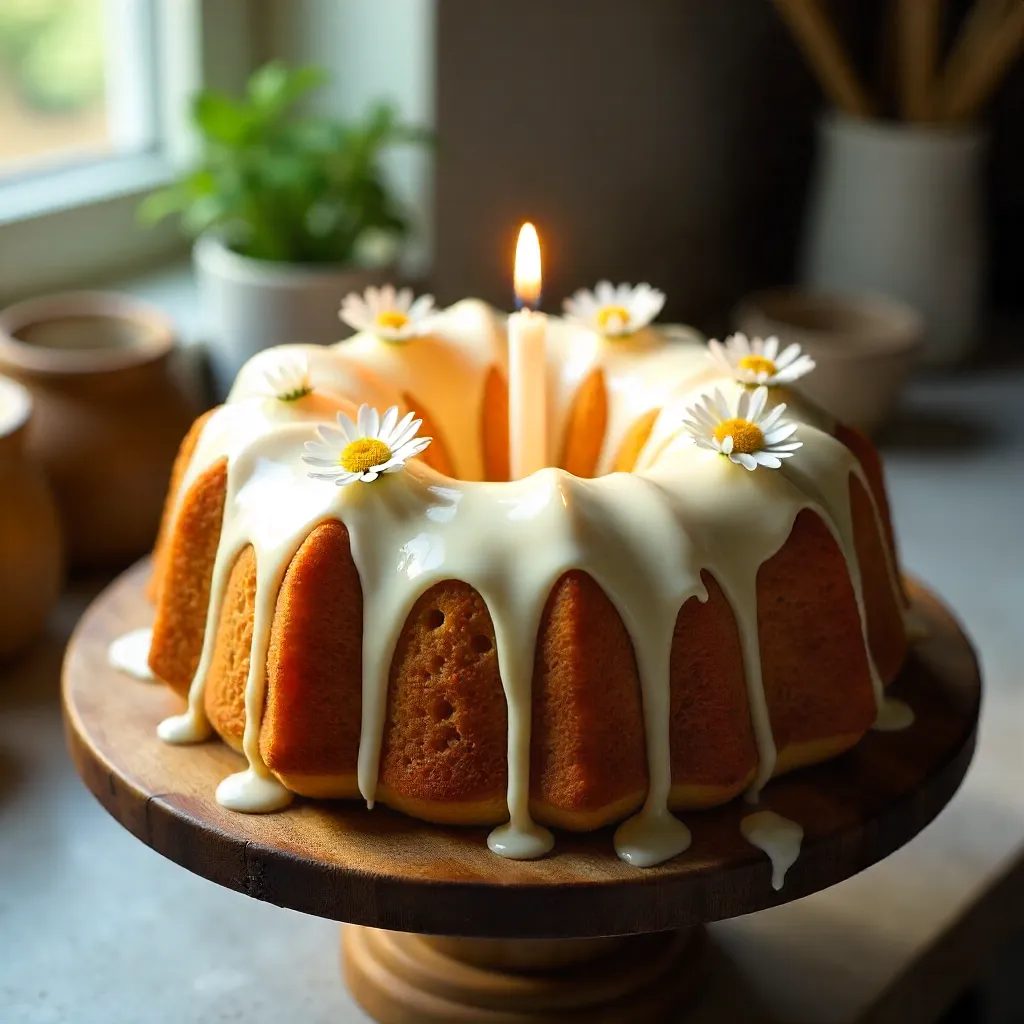 Bundt Cake Glow: Icing, Daisies, and Candlelight