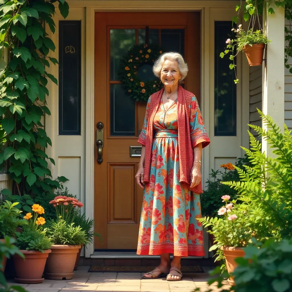 Vibrant Elderly Woman at a Lush Front Door