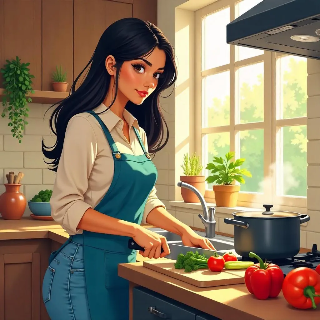 Anime-Style Latina Woman Cooking in a Cozy Kitchen