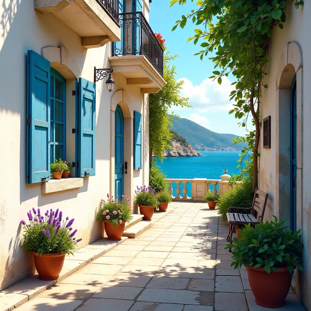 Charming Corfu Balcony with Potted Plants