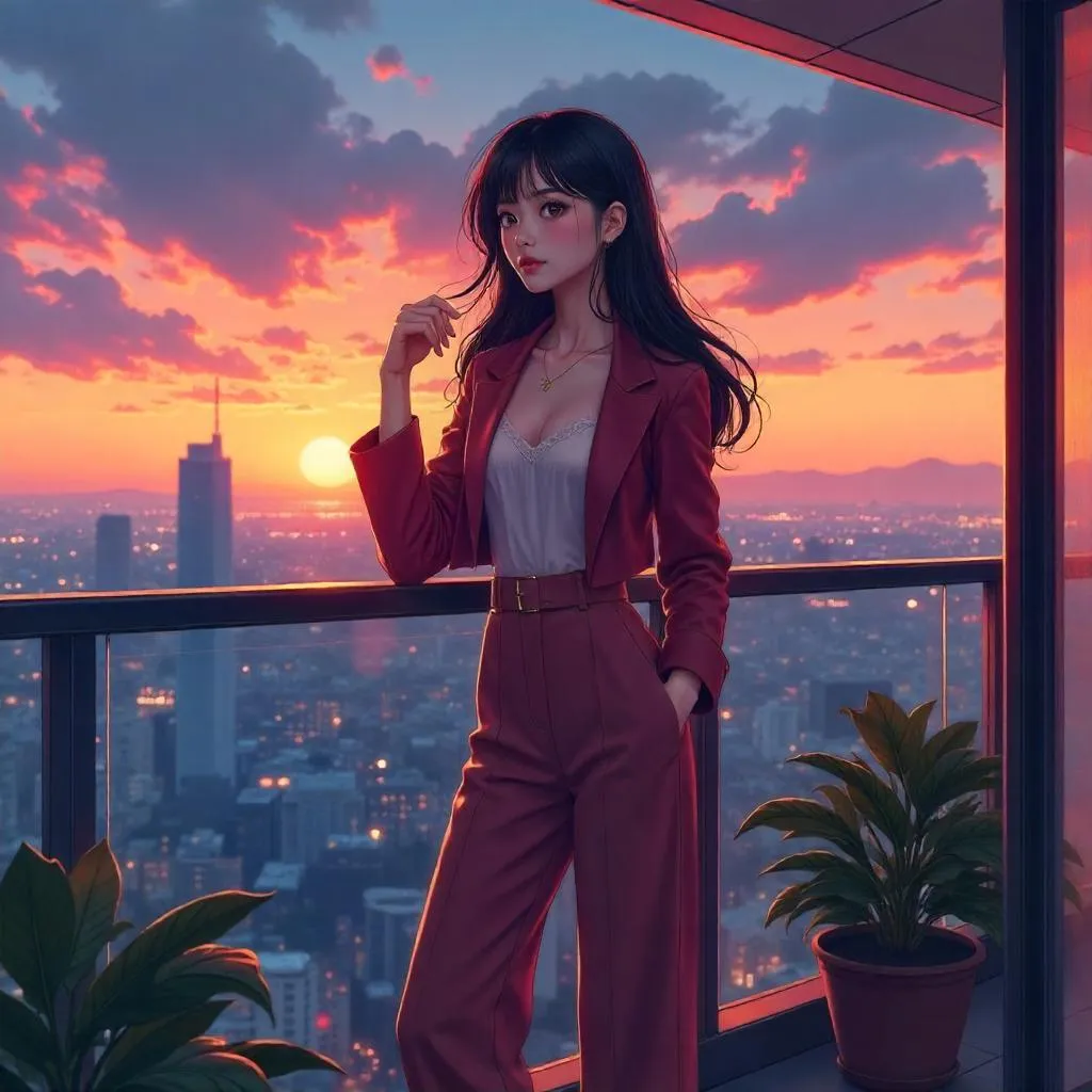 Anime-Style Balcony Portrait of a Stylish Asian Woman
