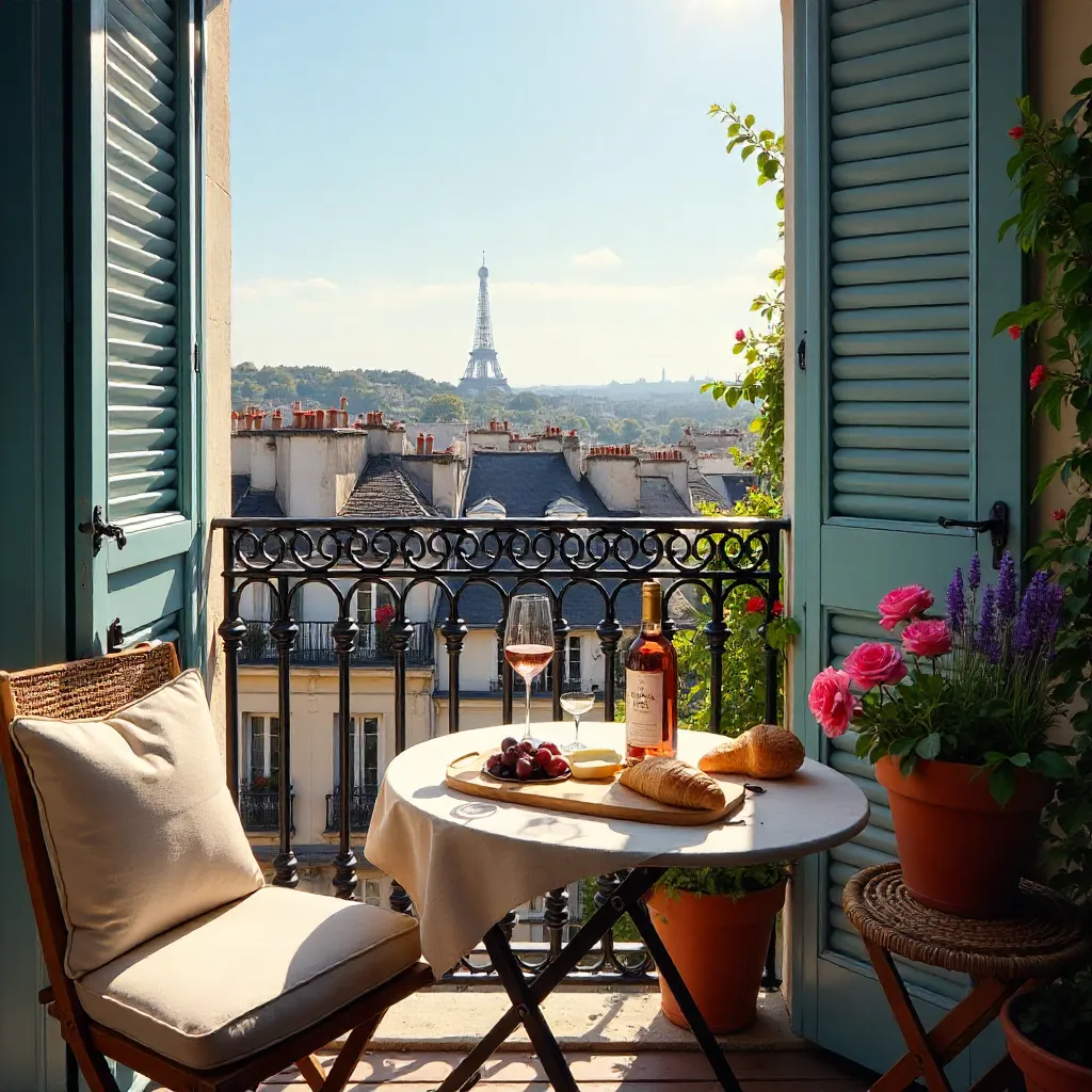 Sunlit Parisian Balcony: Wine, Snacks and Blooms