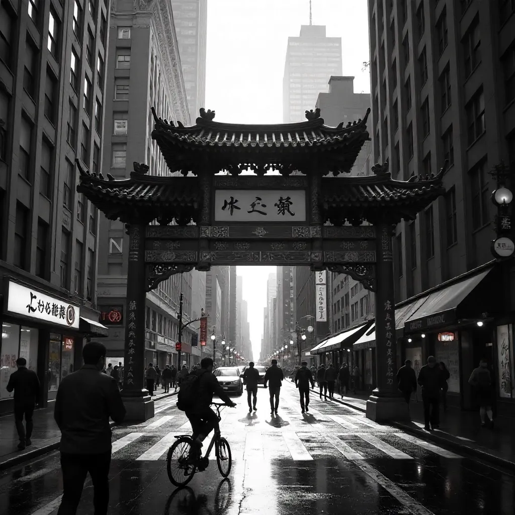 Monochrome Chinatown Gate in the Urban Landscape