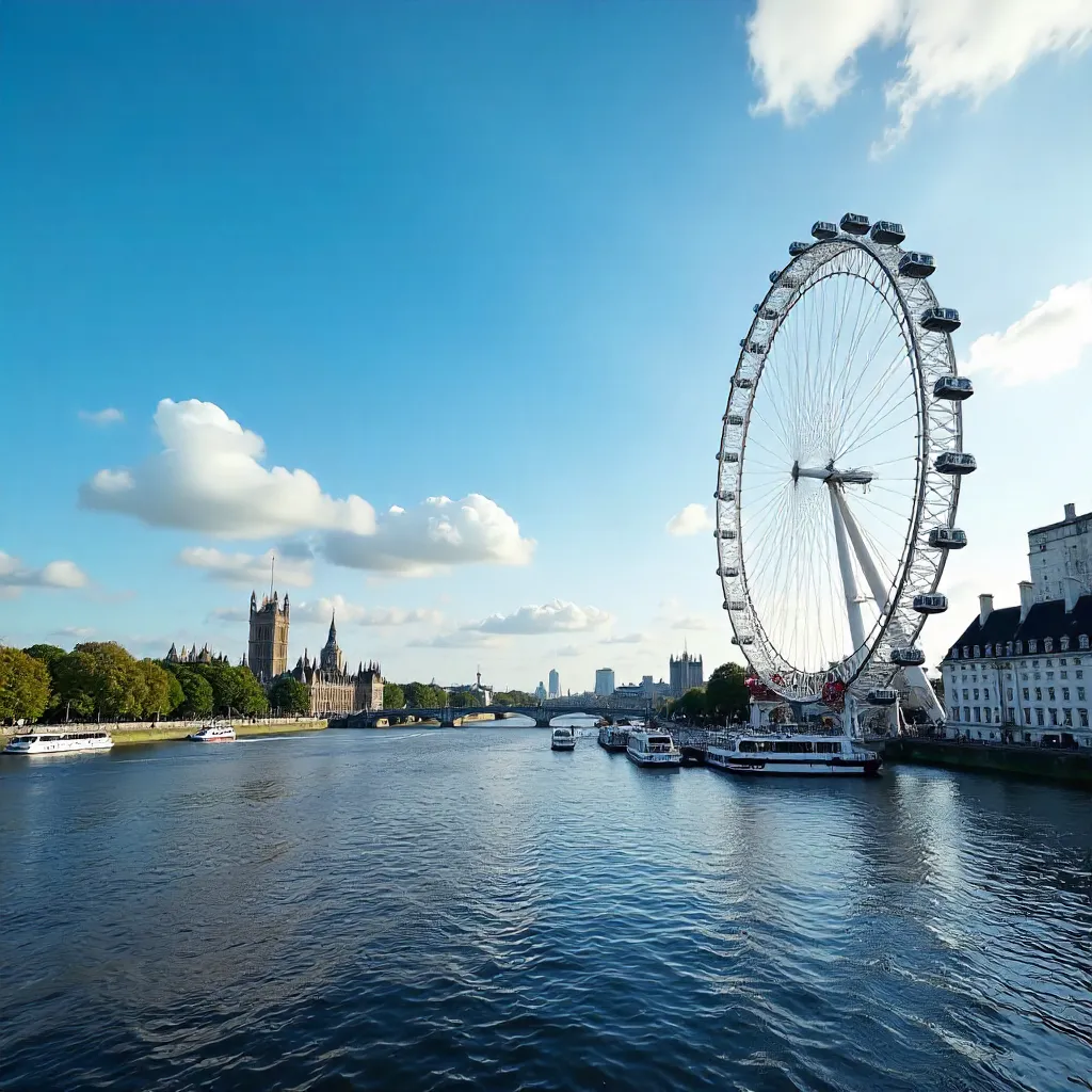Iconic London Eye over the Thames under a bright blue sky