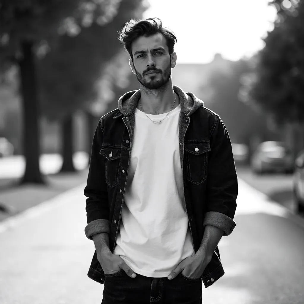 Striking Black-and-White Outdoor Portrait in Casual Wear