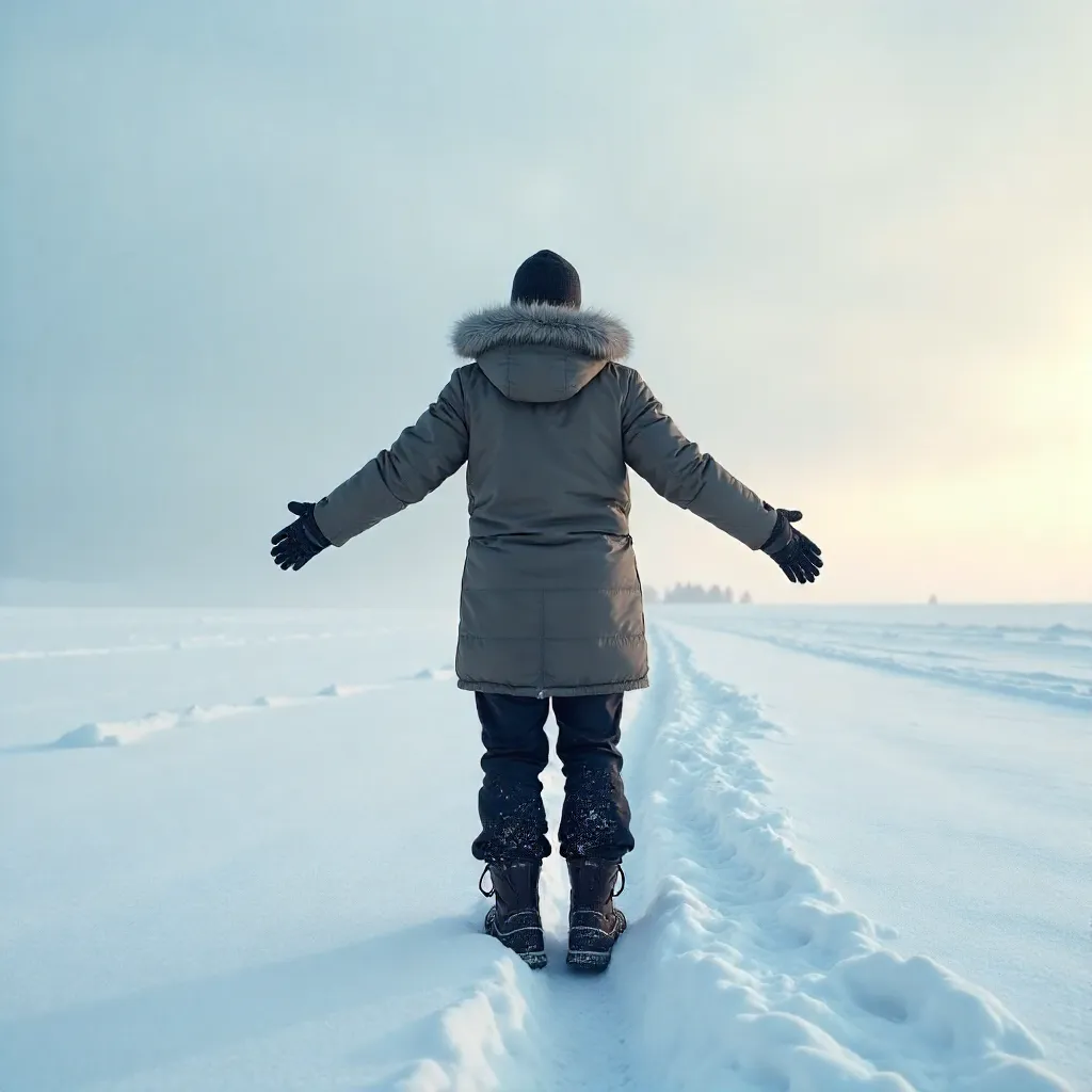 Lone Figure in Winter Attire, Arms Outstretched in Snow