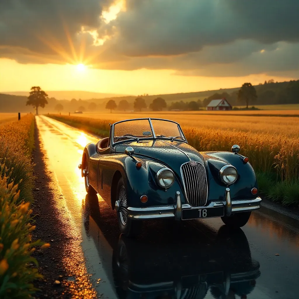 Vintage Car on a Rainy Golden Country Road