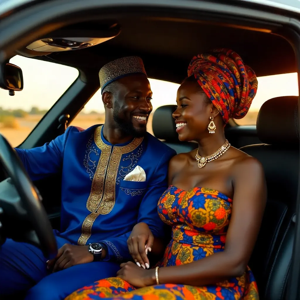 Elegant African Couple in a Car in Traditional Attire