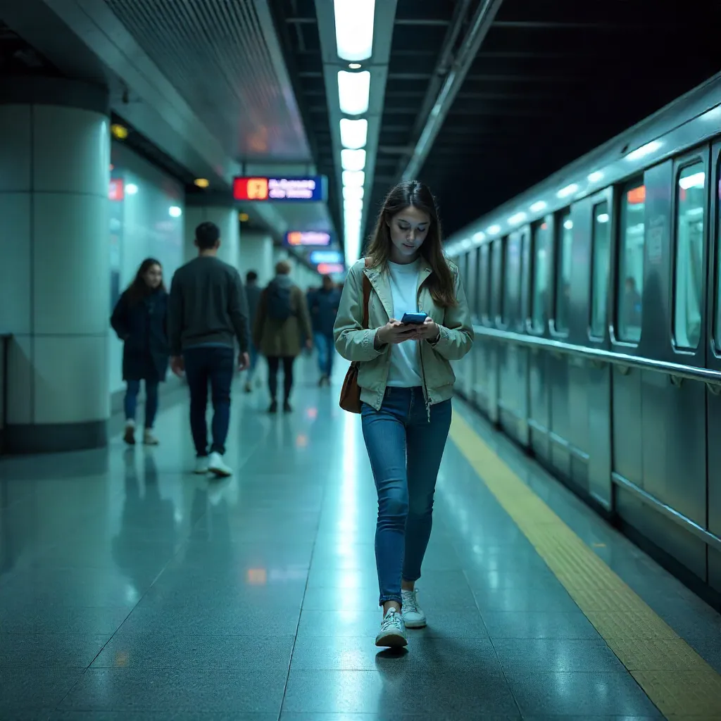 Young Woman with Smartphone in Indoor Subway Station