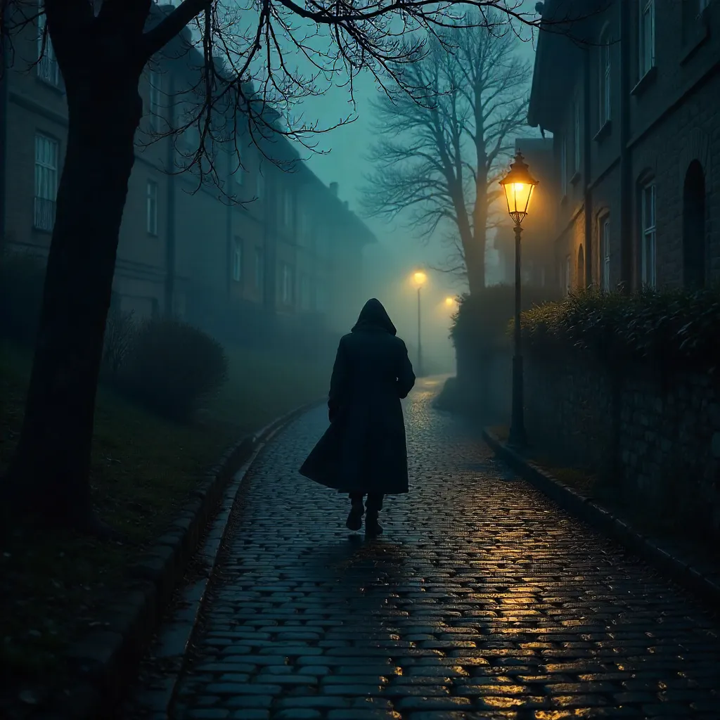 Lone Figure on the Winding Cobblestone Path