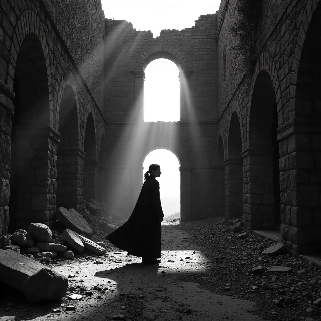 Lone Figure in a Ruined Fortress (Black and White)