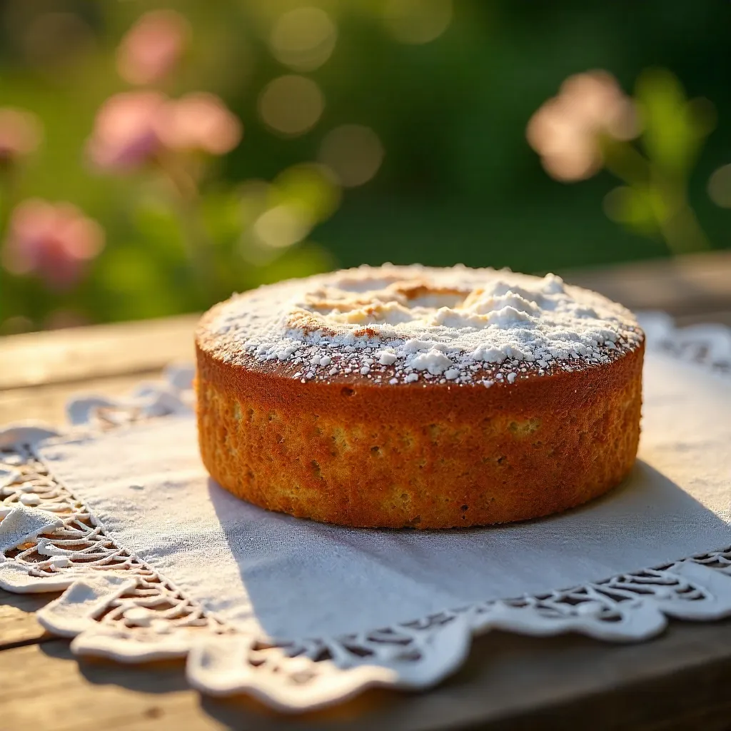 Sunlit Close-Up: Homemade Cake on Lace Tablecloth