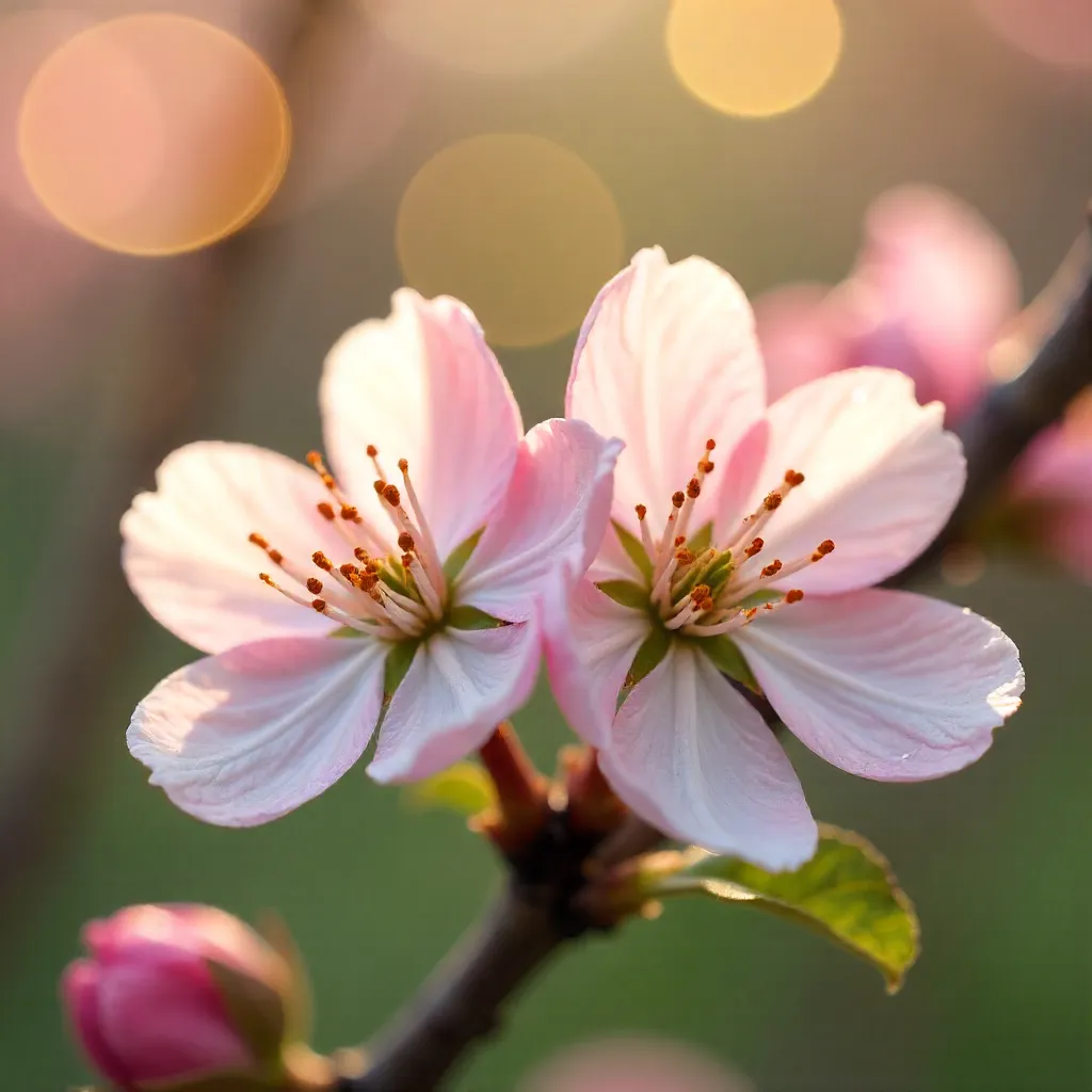 Delicate pink and white apple blossoms with bokeh